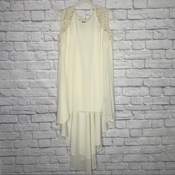 Marciano Ivory Textured Satin Lace Sleeve High Low Shift Dress - Picture 8 of 16